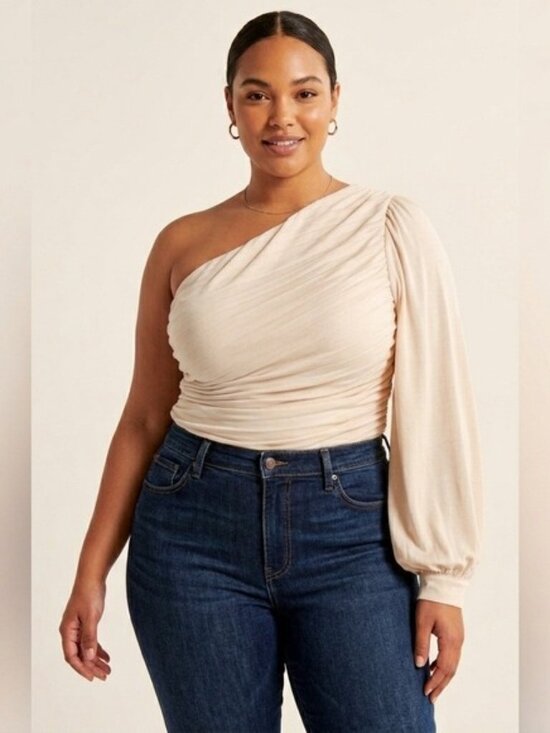 Xpluswear Tops - XPLUSWEAR Cream One Shoulder Ruched Puff Sleeve Top XL NWT
